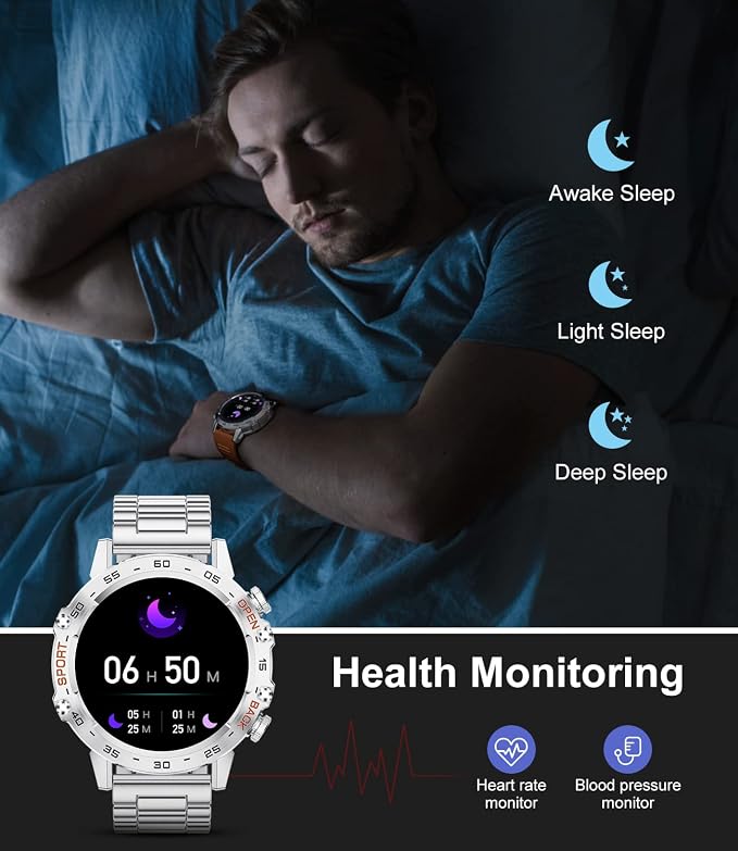 SUNKTA Military Smart Watch for Men(Answer/Dial Calls),1.39''HD Touchscreen,5ATM Waterproof Fitness Watch,100 Sports Modes, with Heart Rate/SpO2 for Android/iOS Smart Watch Silver