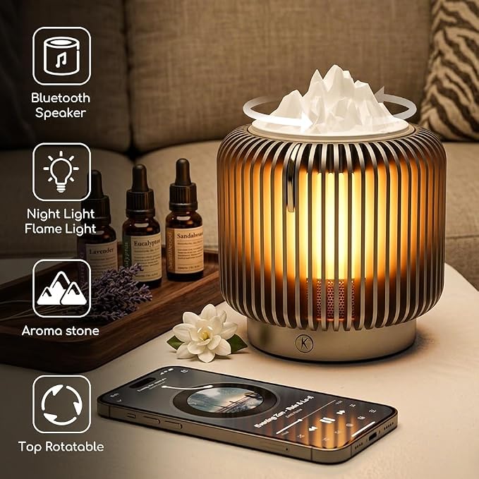 Masdio Bluetooth Speaker & Aroma Diffuser Night Light, Rotating Mountain Aroma Diffuser, Candlelight Mode, Stepless Dimming, 14H Battery, Lantern-Inspired Metal Design for Bedroom