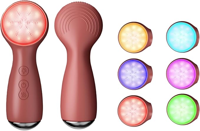 Colorful LED Silicone Face Wash Brush - Sonic Vibration Face Cleaner with Heat Sensation, 3 Modes & Ergonomic Handle, Waterproof Electric Face Brush for at-Home Spa & Travel Skincare (Dark Brown)