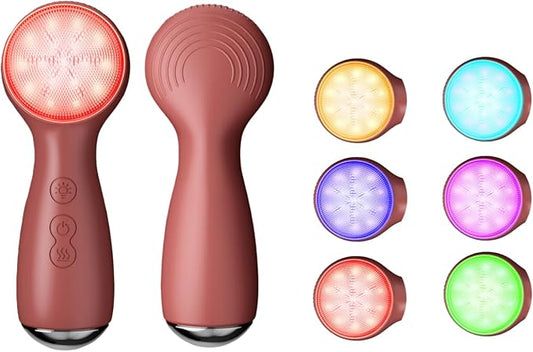 Colorful LED Silicone Face Wash Brush - Sonic Vibration Face Cleaner with Heat Sensation, 3 Modes & Ergonomic Handle, Waterproof Electric Face Brush for at-Home Spa & Travel Skincare (Dark Brown)