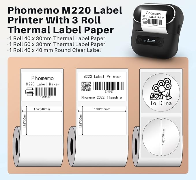 Phomemo M220 Label Maker & 1 Roll White Thermal Labels, 1.96" x 1.96"(50x50mm)