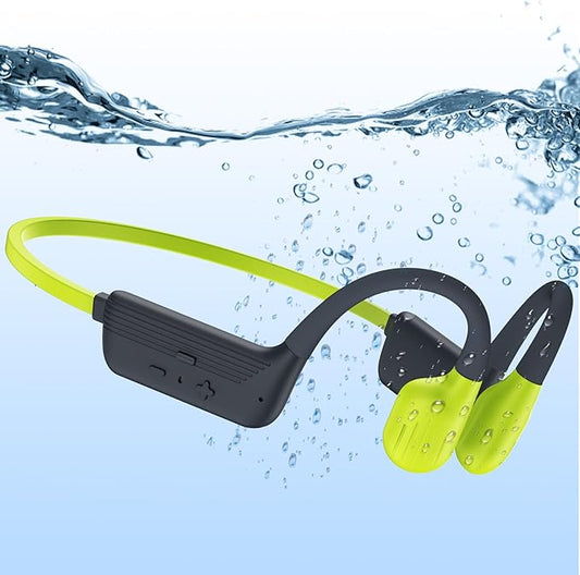 Swimming Headphones Soft Silicone, IP68 Waterproof Bone Conduction Headphones, 32GB MP3 Player & Bluetooth 5.4 Wireless Sport Earbuds, Secure Open Ear for Swimming, Running, Sports（Chartreuse）