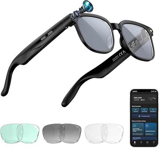2026 AI Smart Glasses with Camera and Audio, 4K HD Video Camera Glasses for Men Women, Recording Glass with AI Assistant, Real Time Translation, Open-Ear Audi, for Travel (with Three Lenses)