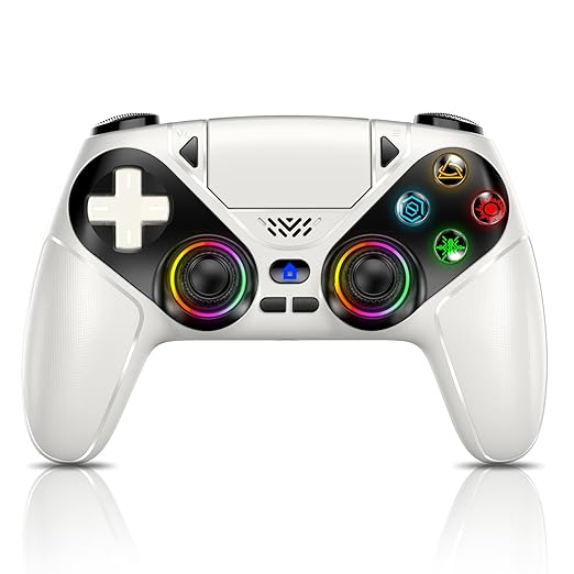 Dinosoo RGB Wireless Controller for PS5/PC/Mobile – Bluetooth Gamepad with Turbo, Macro, Dual Vibration, 6-Axis Gyro, 3.5mm Audio Jack, Built-in Speaker & 1000mAh Battery-White