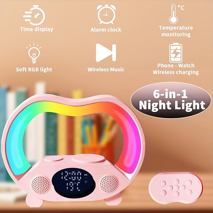 IHAO 6in1 Multi Functional Wireless Charger Bluetooth Speaker Time&Temperature Display Alarm Clock 7-Color LED Night Lights Fast Charger for Phone Apple Watch Earbuds Remote Control-White