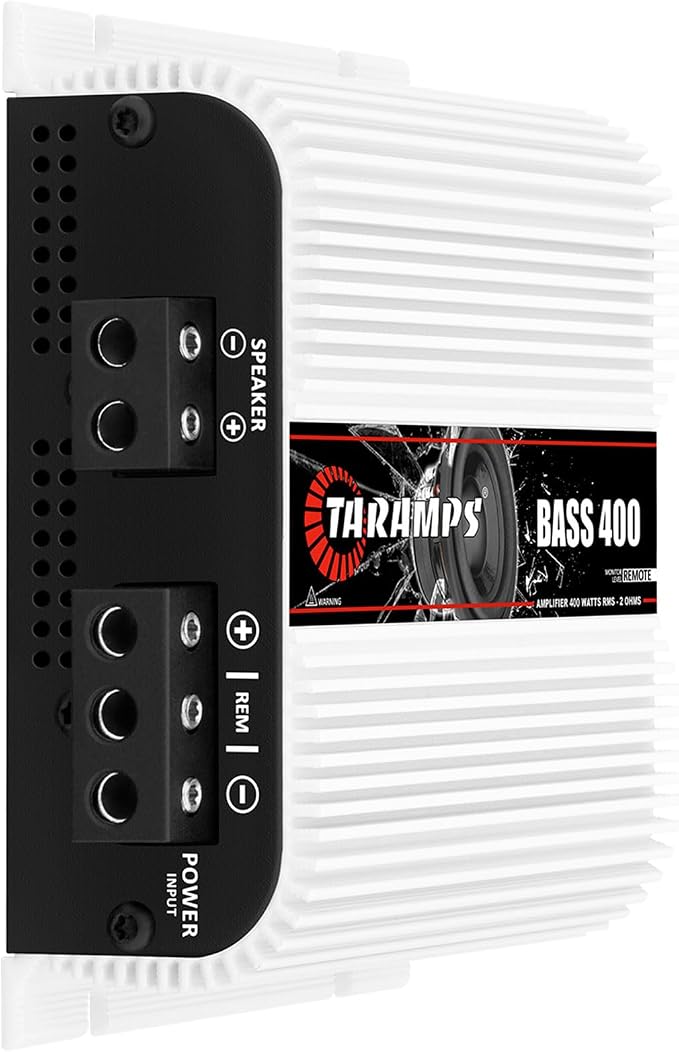 Taramps Bass 400 2 Ohms Monoblock Amplifier 400 Watts Rms 1 Channel 14.4VDC Out Power Full Range, Great for Sub/Bass - Rca/High Level Input, Car Audio