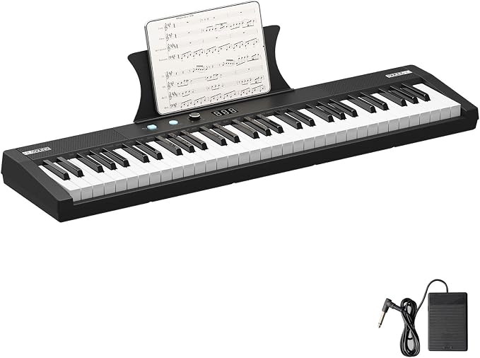 61 Key Portable Electronic Keyboard Piano with Holder,Pedal,Recharge,Note Stickers， for Beginners