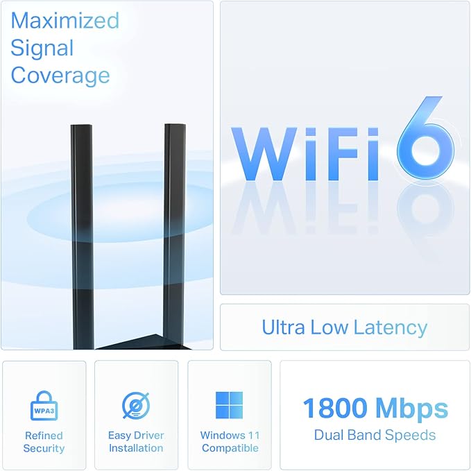 TP-Link WiFi 6 USB Adapter for Desktop PC - (Archer TX20U Plus) AX1800 Wireless Network Adapter with 2.4GHz, 5GHz, High Gain Dual Band 5dBi Antenna, WPA3, Supports Windows 11/10