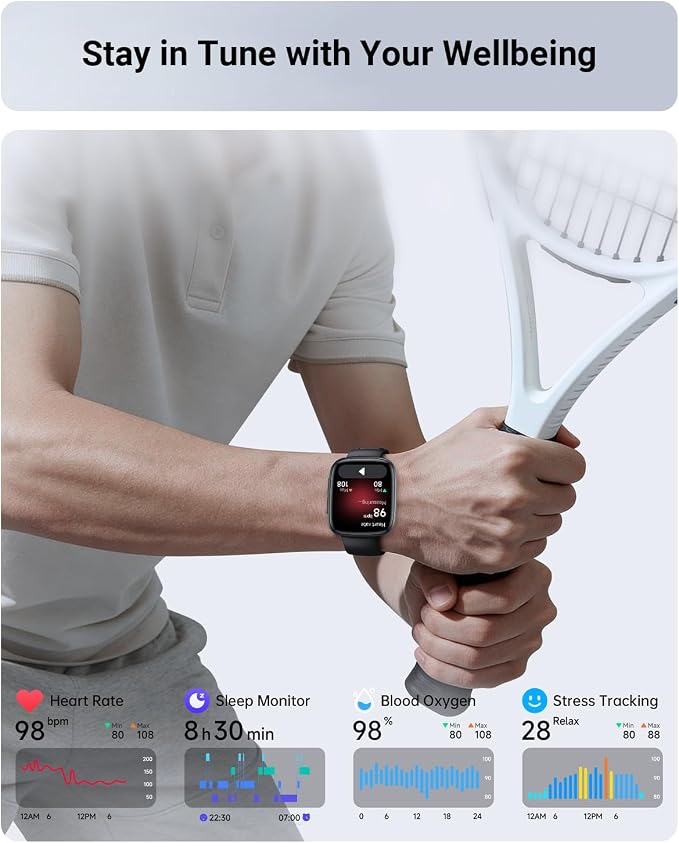 Gydom Smart Watch for Men/Women, 1.85" AMOLED Screen Fitness Watch for iPhone/Android, Activity Tracker with Heart Rate/Sleep/SpO2, Answer/Make Call, 3ATM Waterproof, 120+ Sport Modes, AI Voice, Black