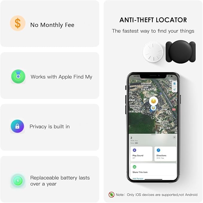 GPS Tracker for Vehicles,Mini Hidden Car Tracker with Magnetic Case,Car GPS Tracking Device Work with Apple Find My (iOS Only),No Monthly Fee GPS Tracker for Car,Vehicles,Luggage,Assets (Black,2PCS)