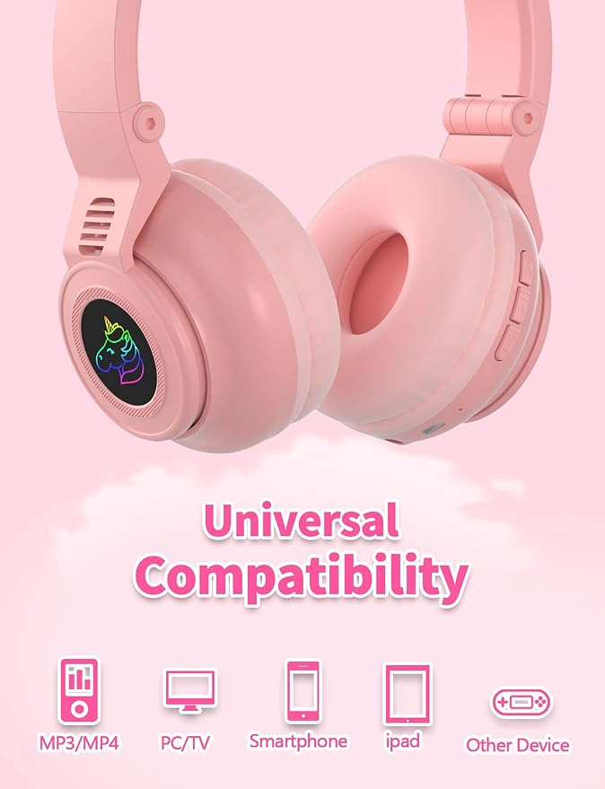 Unicorn Kids Headphones for Girls, Unicorn Bluetooth Headphones Foldable for Girls Toddlers Tablet/pad/Amazon fire,Light Up Kids Wireless Headphone Birthday Gifts (Pink 2)