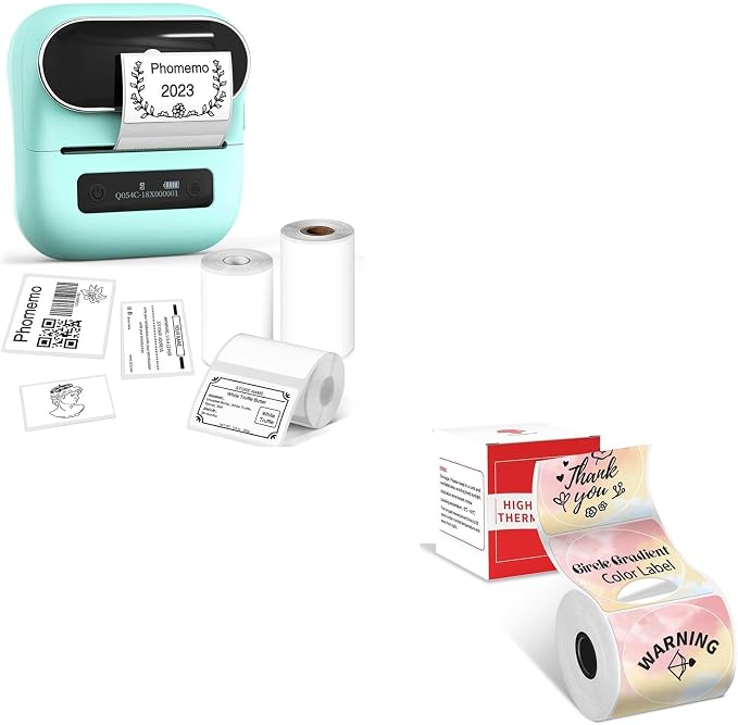 Phomemo M220 Label Maker & 1 Roll Rainbow Gradient Circle Thermal Label, 1.96" x 1.96"（50x50 mm）, Portable Sticker Label Maker Machine for Mailing, Storage, Address, Clothing, Home, Office