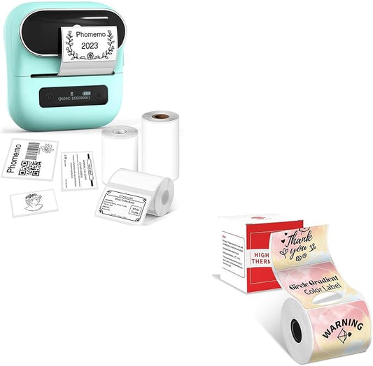 Phomemo M220 Label Maker & 1 Roll Rainbow Gradient Circle Thermal Label, 1.96" x 1.96"（50x50 mm）, Portable Sticker Label Maker Machine for Mailing, Storage, Address, Clothing, Home, Office
