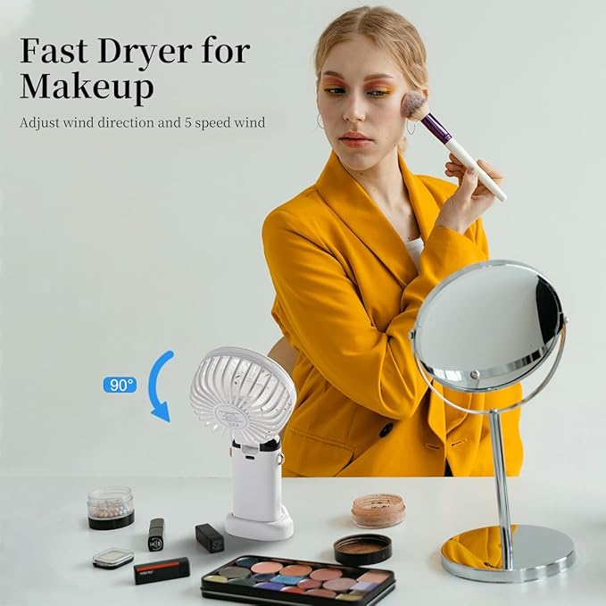 Portable Handheld Fan, 12 hours, Upgrade 3200mAh Portable Fan with LED Display, 90° Foldable, 5 Speed Wind,Hand Held/Neck/Desk 3 in 1 Personal Small Fans, Makeup Fans for Women (White)