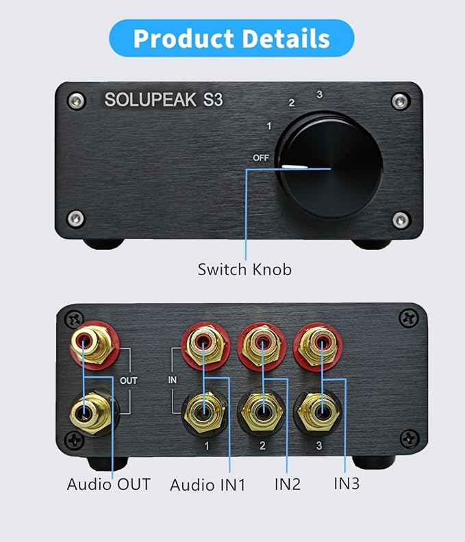 Premium 3 in 1 Out RCA Switch Box, Passive Stereo Signal Source selector, Audio switcher Splitter Box