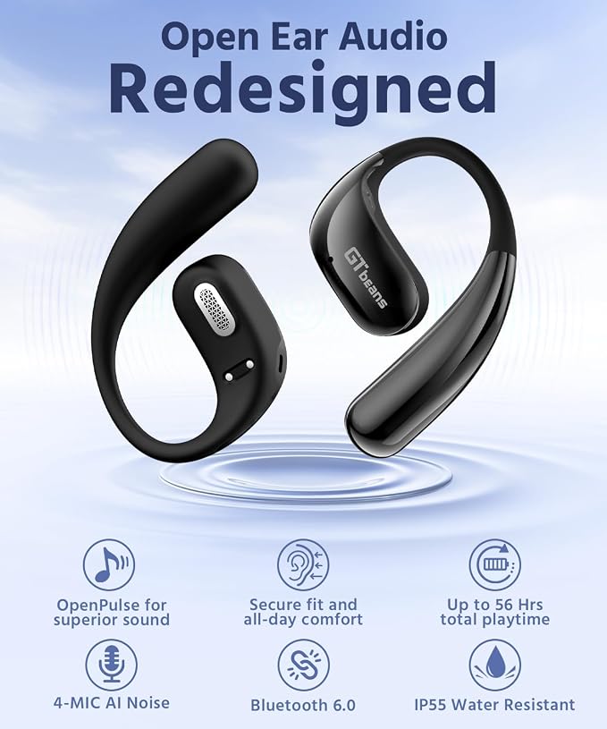 Open Ear Earbuds, Soft Earhook, 56H Playtime, Bluetooth 6.0, Bass | True wireless over ear headphones, Ergonomic fit, Powerful sound, AI clear call mic, IP55 waterproof for work, sport, Black