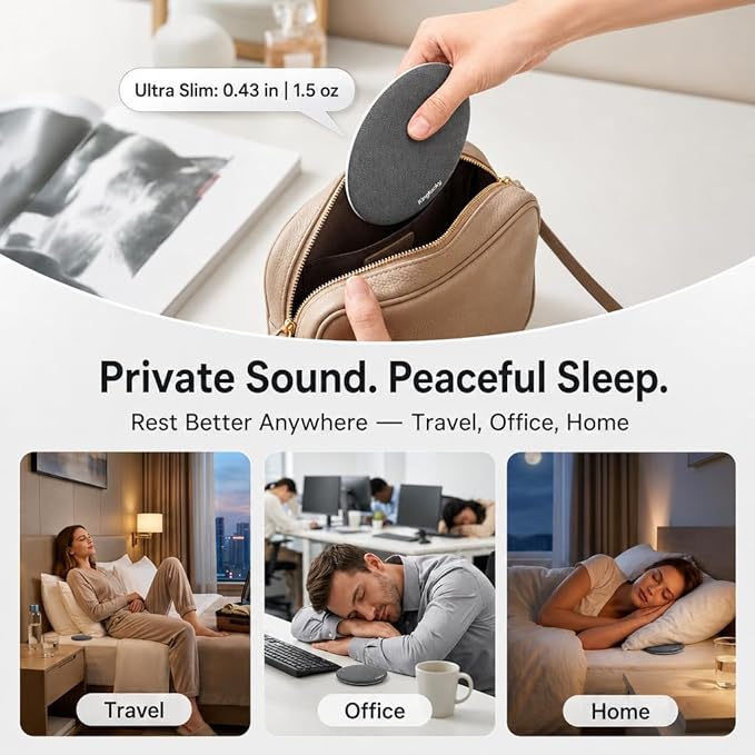 Kinglucky Pillow Speaker for Sleeping, Ultra-Thin Bluetooth 6.0 Under Pillow White Noise Sound Machine for Side Sleepers, Auto Shut-Off, Rechargeable, Travel Portable, Black Grey