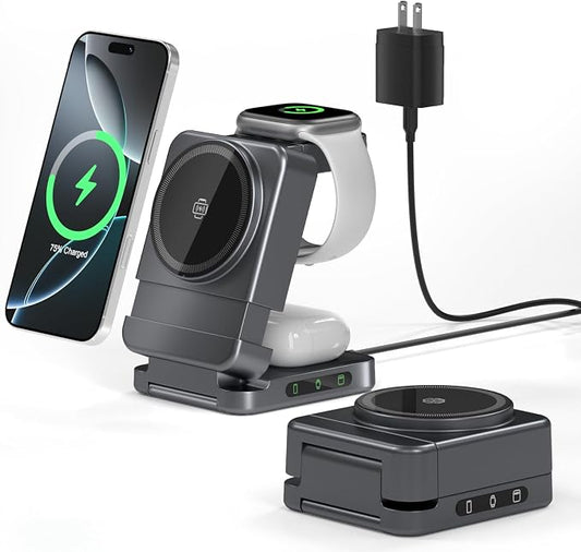 Wireless Charger 3 in 1, Foldable Charging Station for Apple Samsung Multi Devices Charging, Magnetic Charging Stand, Portable Travel Fast 15W Charger Station for iPhone, TWS, iWatch (Dark Gray)