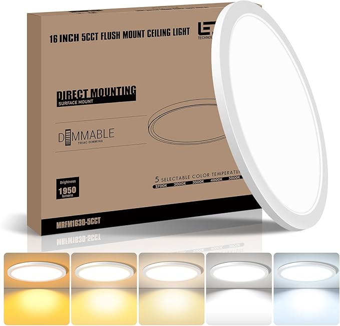 mw 16 Inch Flush Mount Ceiling Light, 30W, 120V, 5CCT 2700K/3000K/3500K/4000K/5000K, Dimmable Ultra Slim Modern LED Ceiling Light, Damp Location for Bedroom, Kitchen, Laundry Room, ETL Listed