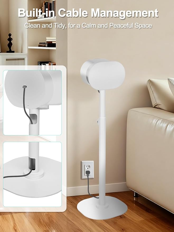 Haturi Speaker Stands Pair for Sonos ERA 300, ERA 100 SL & ERA 100, 22''–42" Adjustable Height Floor Stands with Cable Management, Heavy Duty Metal Basem, Speaker Mount White