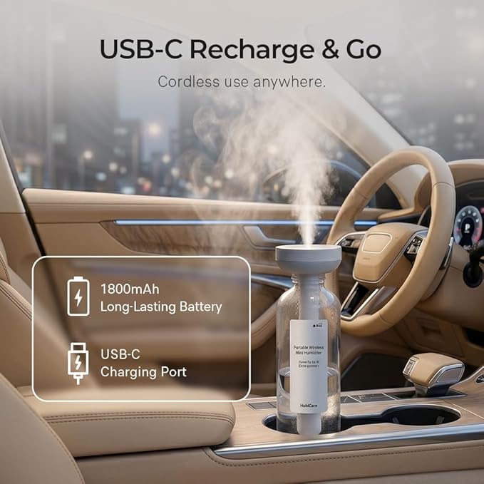 HubiCare Mini Humidifier, Portable Wireless Humidifier for Travel, USB-C Rechargeable Personal Mist Maker with Adjustable Length, Quiet 28dB, Leak-Resistant Design for Car, Bedroom, Office