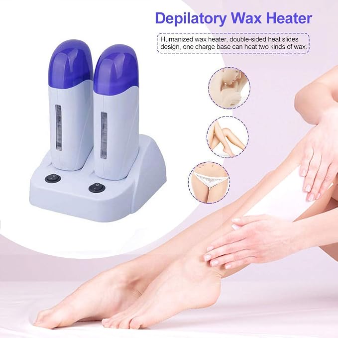 Portable Double Depilatory Roll on Wax Warmer with Heater Base for Women Men Hair leg, Armpit, Bikini