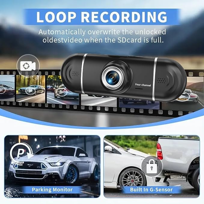 4 Channel Dash Cam Front and Rear Inside, 360° View 1080P Dash Camera for Cars, Super Night Vision, Gravity Sensor, Loop Recording, WDR, 24H Parking Mode, WiFi & APP Control, with 64GB Card