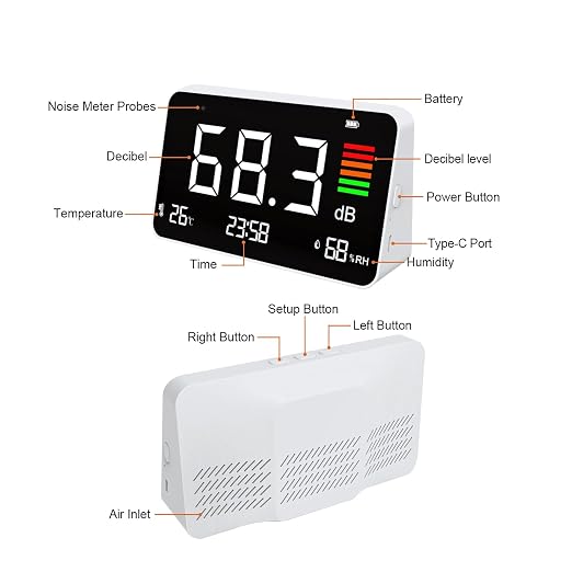 Digital Decibel Meter, Sound Level Meter Tester 30-130 dB Meter Desktop Temperature Humidity Noise Alarm Time for Home, Classroom, Studio, Factory