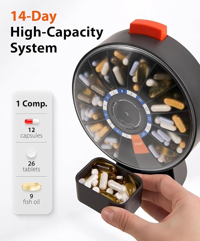 Pill Dispenser 14 Day – Rotating Medicine Organizer Wheel with Push Button, Wall Mounted or Desktop Manual Pill Dispenser for Elderly & Seniors, Large Capacity Vitamin & Medication Organizer