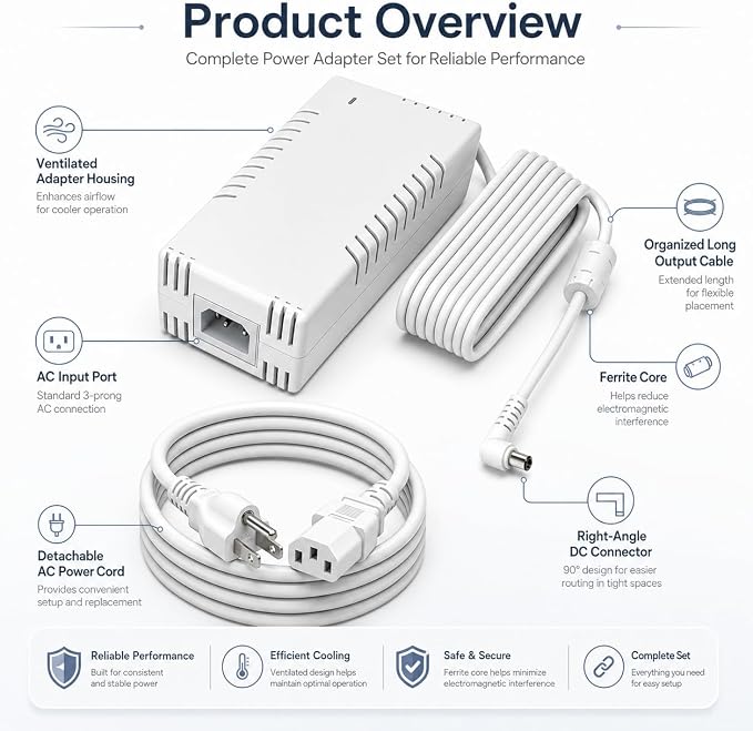 54V 210W Power Adapter Compatible with Ubiquiti UACC-Adapter-AC-210W, Replacement AC DC Power Supply for UniFi US-XG-6POE, USW-Ultra-210W and 6/8-Port PoE Switches, Industrial Grade, White
