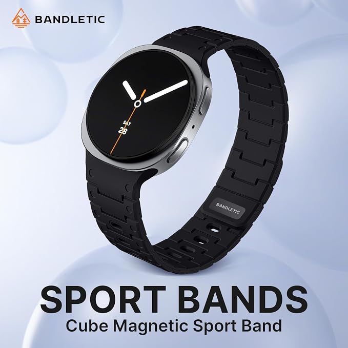 Bandletic Silicone Magnetic Band Compatible with Samsung Galaxy Watch 8 40mm 44mm / 8 Classic 46mm 2025, No Gap Soft Sport Wristbands Breathable Replacement Strap for Men Women, Black/Orange