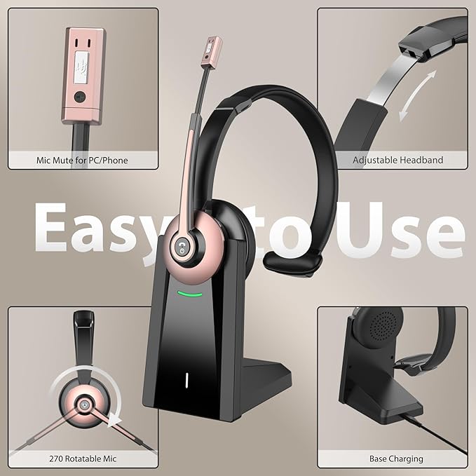 Wiressless Headset with Mic for Work, Bluetooth Headset with Noise Cancelling Microphone, On Ear Wireless Headphones with USB Dongle & Charging Base & Mute Function for Work from Home Computer Office
