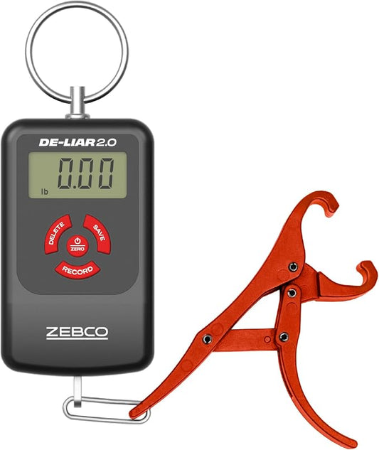 Zebco De-Liar 2.0 Digital Fish Scale, 50-Pounds/23-Kilograms Capacity, Compact Design, Durable Construction, Non-Puncturing Clamp-Style Lip Grip, Black/Red