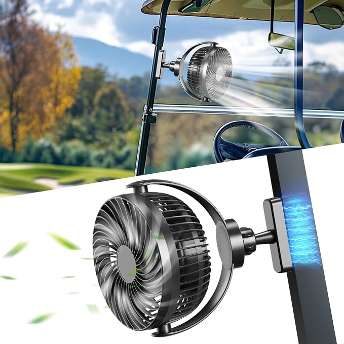 Magnetic Golf Cart Fan Rechargeable,10000mAH Battery Operated Portable Fan with 3 Speeds,30H Working Time,LED Lantern,360° Rotatable Head, Fits EZGO/Club Car/Yamaha Golf Cart