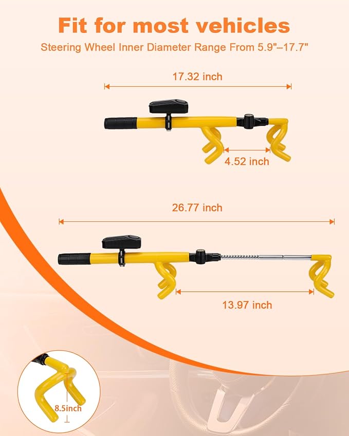 ELECTOP Steering Wheel Lock with Alarm 113db Anti Theft Car Device Double Hooks Car Lock with Adjustable Locking and 2 Key Car Alarm System with Motion Sensor Universal Fit for Vehicle Truck Van SUV