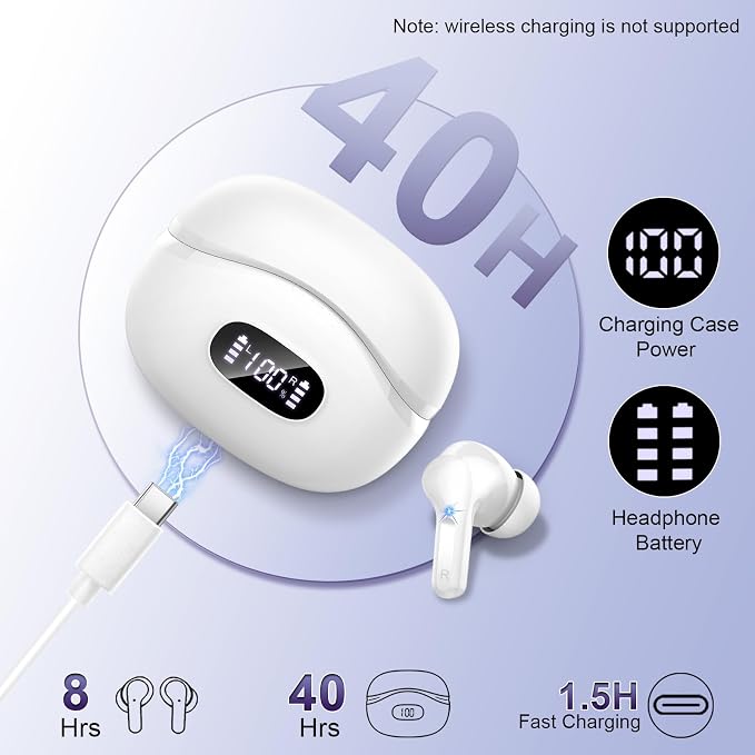 Wireless Earbuds, Bluetooth Headphones 5.4 HiFi Stereo Ear buds with ENC Noise Cancelling Mic, 40H Bluetooth Earbuds with Dual LED Display Charging Case, IP7 Waterproof Earphones for Android iOS