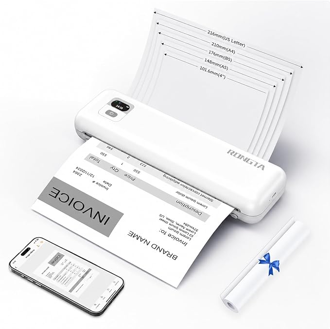 Rongta Portable Printer Wireless for Travel, F82 Inkless Bluetooth Thermal Printers, Compatible with iOS, Android, Laptop, Support 8.5"x11" US Letter&A4 for Office, Home, Car (White)