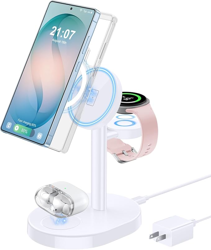 Hevanto 3 in 1 Wireless Charger for Samsung Galaxy, 15W Magnetic Super Fast Charging Station for MagSafe Samsung Galaxy S26 Ultra S25 S24 S23 Z Fold Flip Series Watch 8 7 Classic Buds 4 3 2 Pro Plus