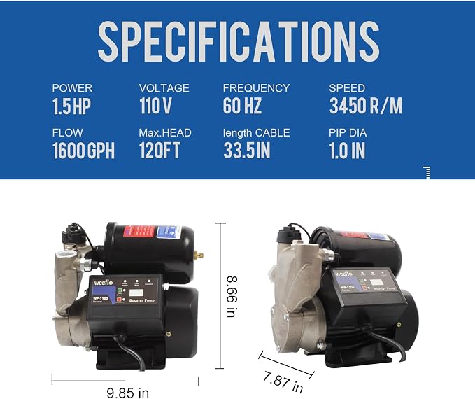 1.5HP Automatic Booster Pump, 1600 GPH Water Pump, 120ft Max Head, Mechanical Pressure Switch, Self-Priming Utility Pump for Shower, Irrigation, Basement, Garden, Pool (1.5HP/120FT)