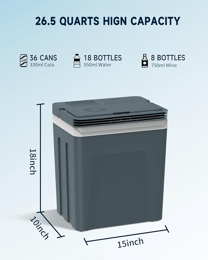 SubSun 27 Quart Electric Cooler and Warmer with Handle, 25L Portable Thermoelectric Fridge for Vehicles & Trucks, 12 Volt Car Fridge Cooler with 12V DC & 110 AC for Camping, Travel & Picnics, Grey