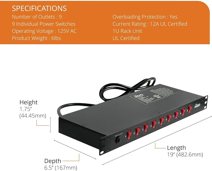 Tecmojo 9-Outlet Rack Mount Overloading Protection Circuit Breaker PDU, with Individual Switch 6ft Cord for IT and Network Racks and Cabinets