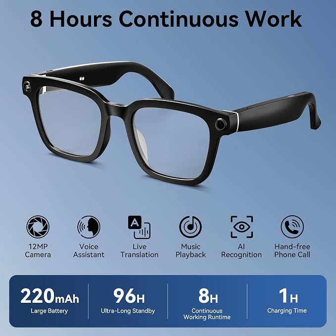 Smart Glasses with Camera, 1080P Video Recording Glasses for Life | 165 Languages Real Time Translation, AI Voice Assistant, Open-Ear Audio,Sunglasses with Color-Changing Clear&Green Lenses
