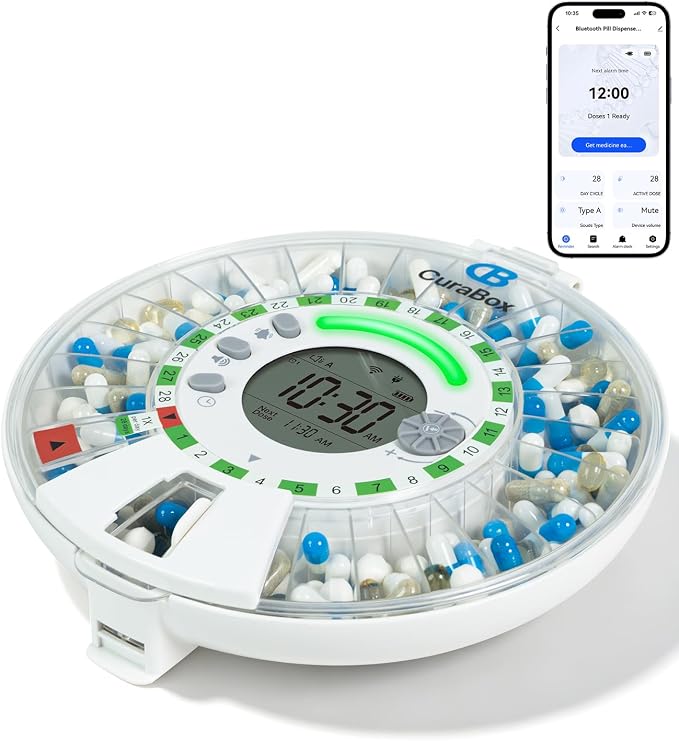 Bluetooth Automatic Pill Dispenser with App, Alarm, Light Alerts, 28-Day Medication Organizer for Seniors & Caregivers with Tracks Adherence History, Clear LCD, Key Lock, for Vitamins Prescriptions