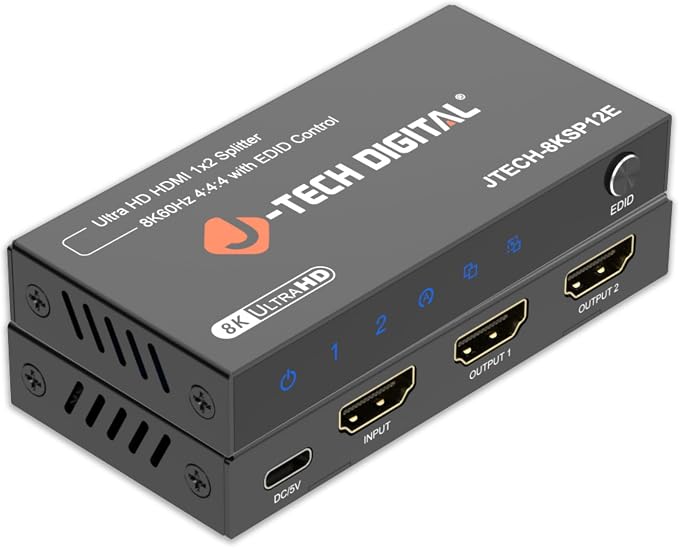 J-Tech Digital 8K HDMI 2.1 Splitter 1 in 2 Out, HDMI 1x2 Splitter 8K@60Hz 4K@120Hz 1080P@240Hz, Duplicate/Mirror Screen 3 EDID Modes with Downscaling [JTECH-8KSP12E]