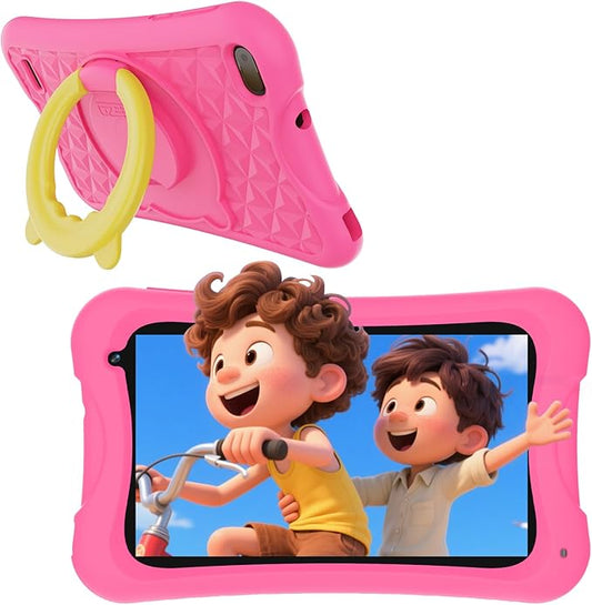 DigiLand 7inch Android Kids Tablet, 4GB RAM+32GB ROM, Quad-Core CPU, 3000mAh Battery (4H), Kid-Proof Case, Learning Apps, for Toddlers & Children 2-12 Years（Pink）