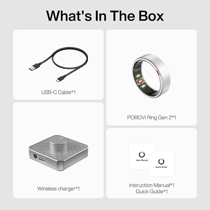POBOVi Gen 2 Titanium Smart Ring for Women & Men, Sleep & Heart Rate Tracker, No Subscription, Size Before You Buy (Silver,9)