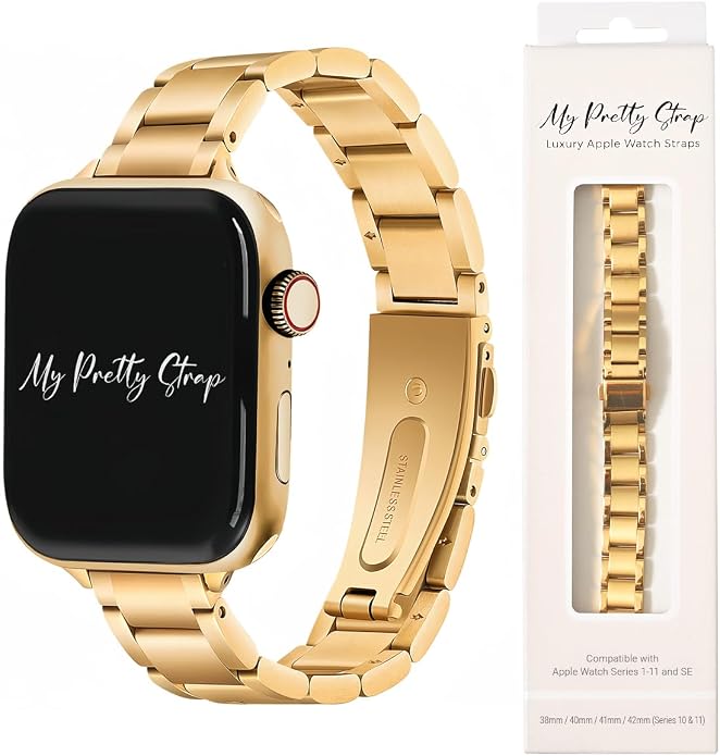 My Pretty Strap - Compatible Apple Watch Band Strap, Stainless Steel Fashion iWatch Replacement Strap- Easy Resizing, No Tool Needed, Fits Most Wrists- Compatible with Series 1-11, SE and Ultra