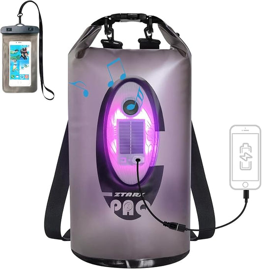 Qoolife Dry Bag Waterproof with Solar Bluetooth Speaker & Light - 10L/20L Roll Top Dry Sack Keeps Gear Dry for Men Women Kayaking, Beach, Rafting, Boating, Hiking, Camping and Fishing