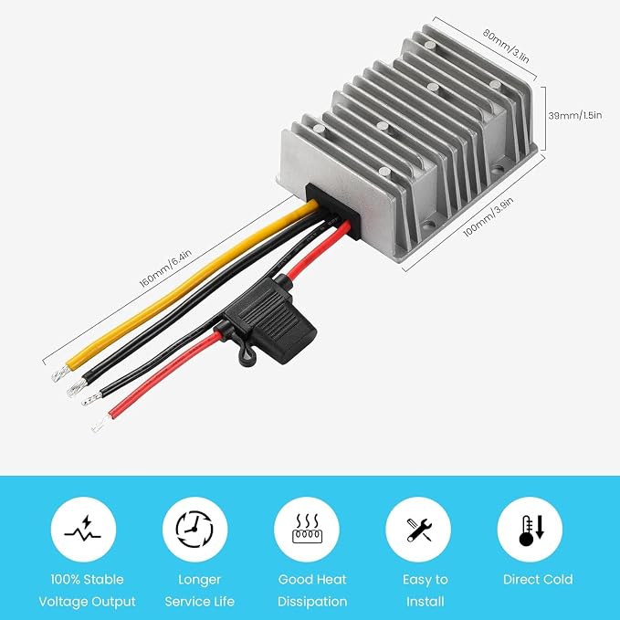 24V to 12V 40A 480W Waterproof DC-DC Buck Converter with Fuse | Step Down Voltage Power Transformer for Automotive, LED Lights, Construction Sites, Tools