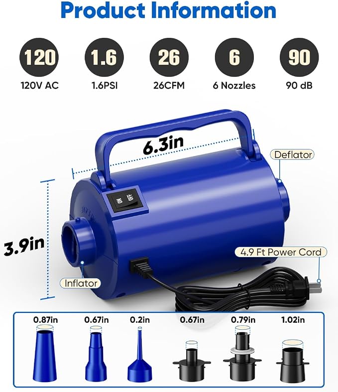 Electric Air Pump with Hose for Inflatables, High Power Inflator Deflator Blow Up Pump with 6 Nozzles, Pool Toy Float Pump for Pool Floats, Air Mattress, Gym Mat, 320W, 1.5PSI, 120V AC, Blue